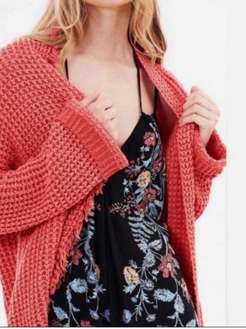 Free People Coral Open Cardigan Waffle Knit